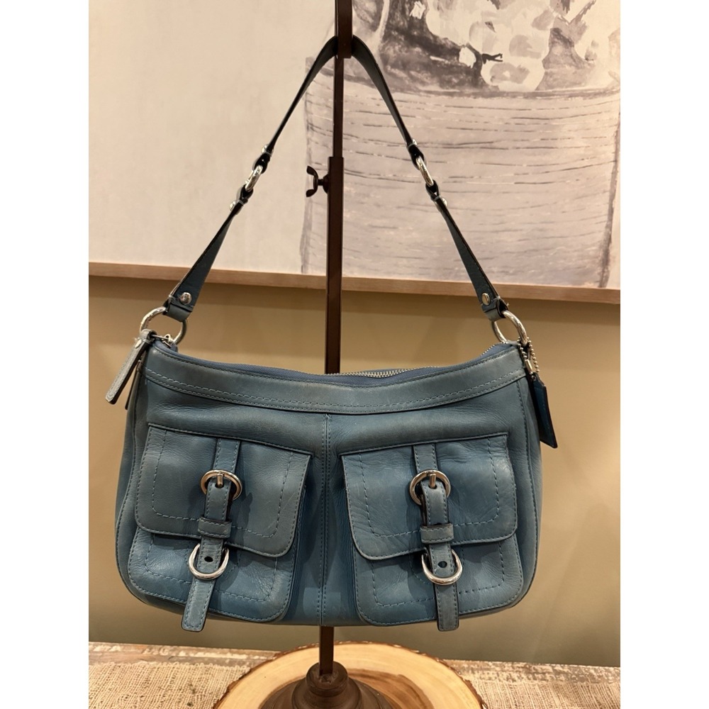 Vintage Y2K Coach Leather Chelsea flap pocket Shoulder Bag turquoise RARE F14014 - Picture 2 of 16